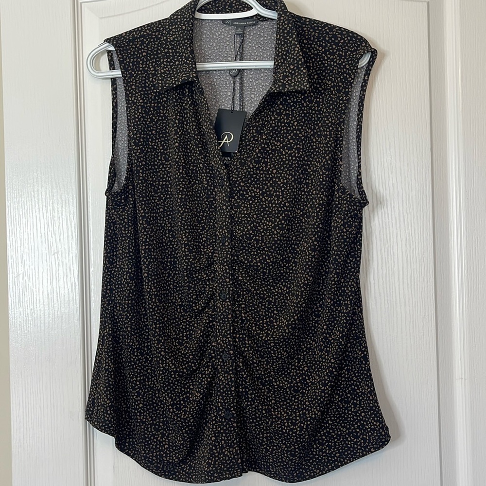 Adrianna Papell Printed Sleeveless Knit V-Neck Blouse Black / Brown XL